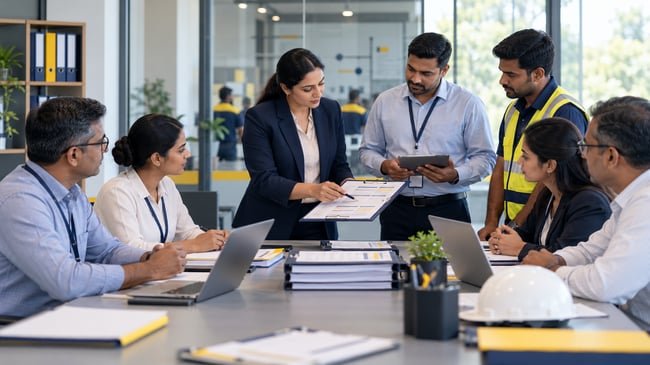 Indian procurement, HR and operations professionals reviewing a contract staffing vendor transition plan