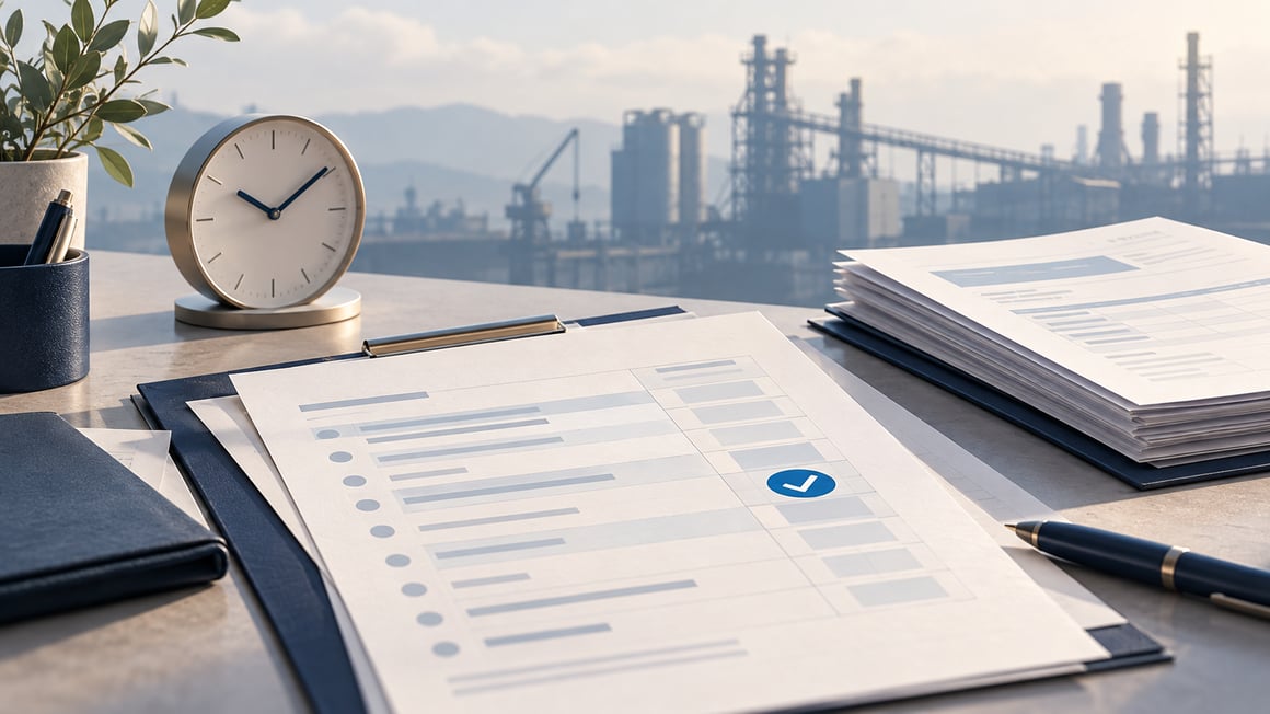 Clock, approved timesheet and invoice documents on a desk with an industrial facility in the background.