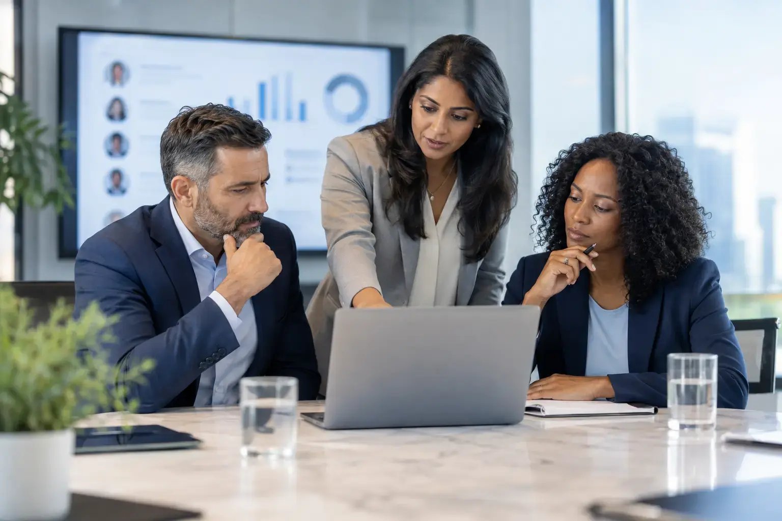 Executive recruitment team reviewing candidate and hiring analytics